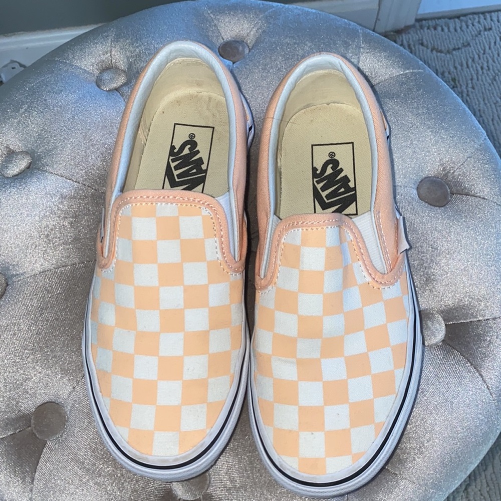 Peach checkered slip on vans